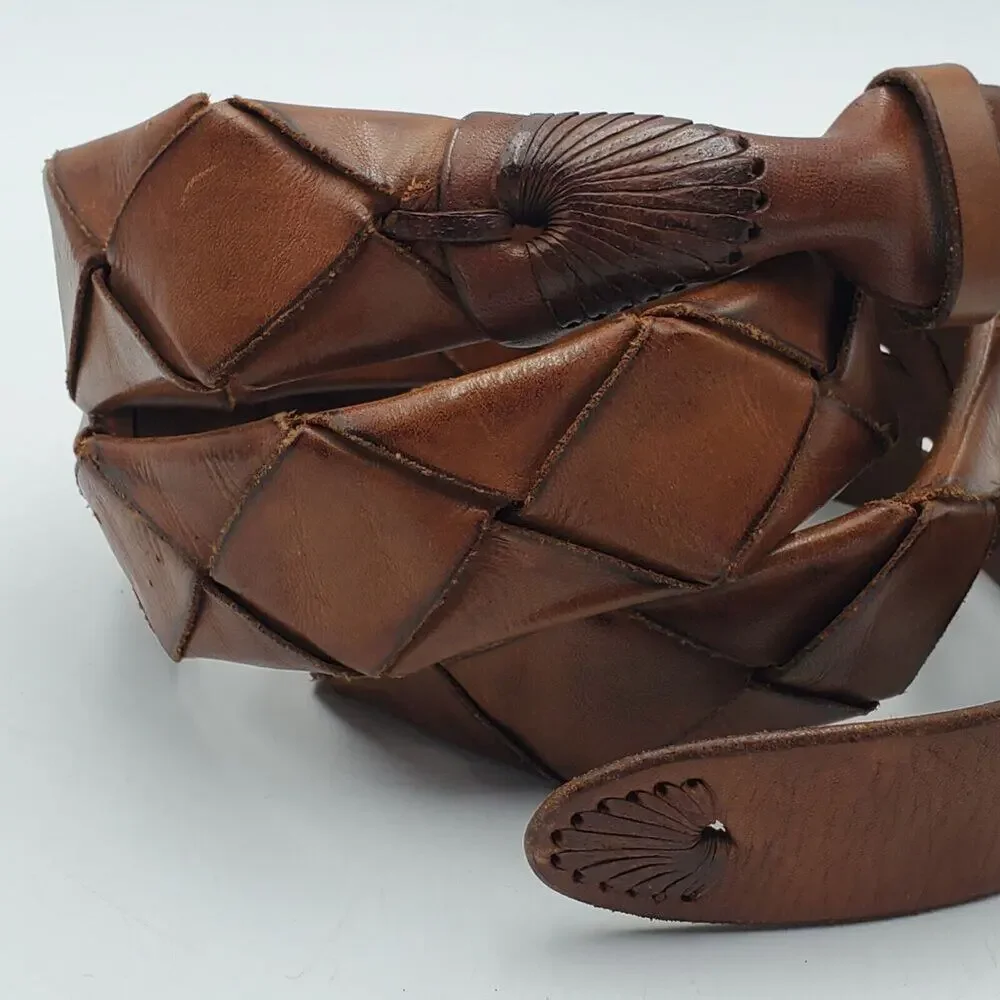 Vintage Woven Leather Belt Brown Adjustable‎ La Franch'e Paris Western European